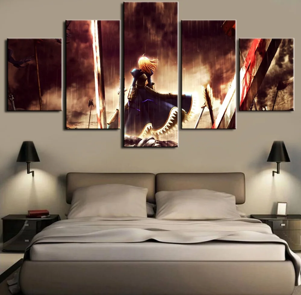 

Canvas Painting Anime Fate Stay night Saber 5 Pieces HD Print Poster With Framed Wall Canvas Art Home Room Decoration