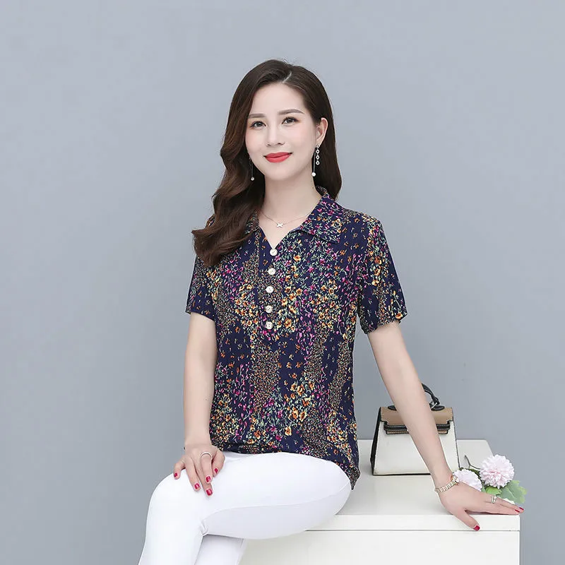 

2020 New Summer Middle Aaged Women Short Sleeve Slim O-neck Blouse Tops Female Loose Fashion Sexy Plus Size 4xl Shirt W66