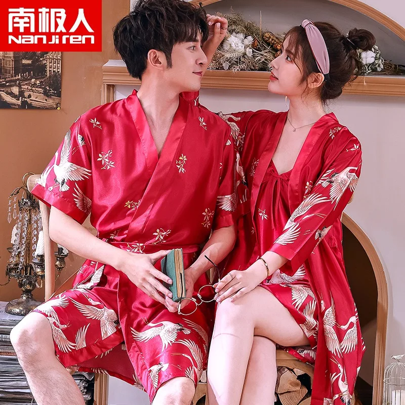 Large Size Relax Couples Robe Men Summer Silk Nightgown Sleepwear Nightshirt Bathrobe Kimono Gown Long Sleeve Home Dressing Gown