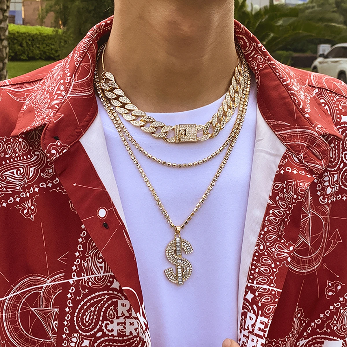 

PuRui Punk Layered Iced Out Chain Rhinestone Necklace Men Hip Hop Crystal Dollar Sign Pendant Necklace for Women Fashion Jewelry