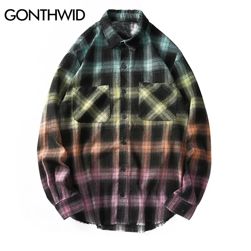 Рубашка GONTHWID в радужную клетку с длинным рукавом уличная одежда стиле хип хоп