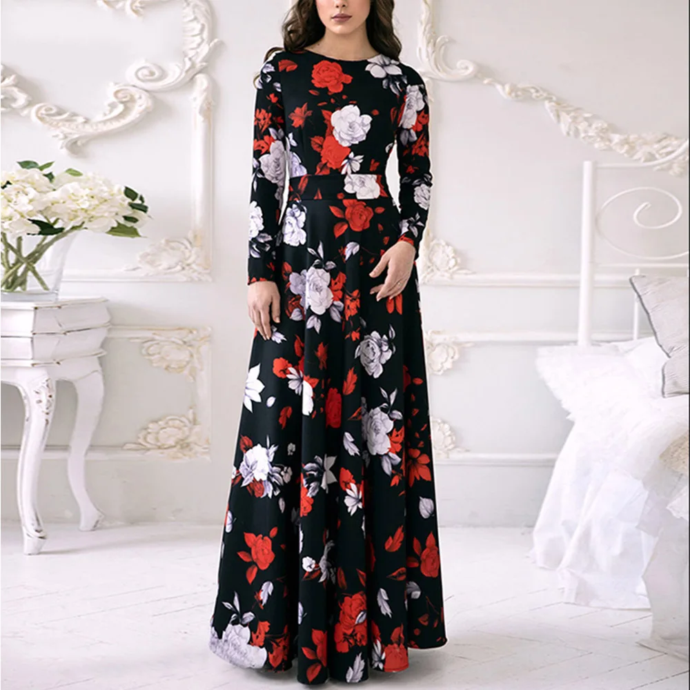 red floral Осеннее длинное женское платье в стиле бохо, винтажный цветочный принт, длина до пола, элегантное облегающее женское вечернее платье Макси - Цвет: red floral