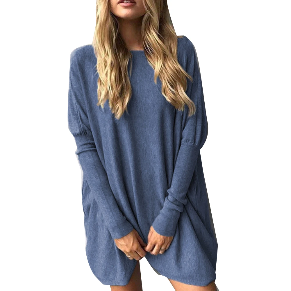 Женский Повседневный свободный однотонный пуловер с длинным рукавом и круглым