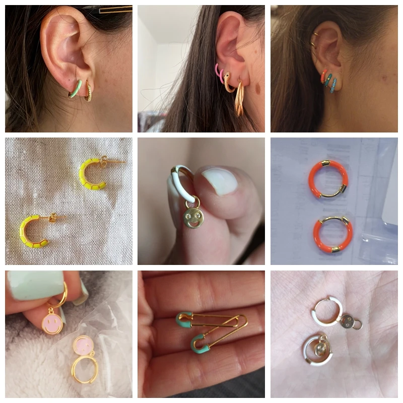 

2021 Enamel Hoop Earrings for Women Neon Round Heart Smiley Pin Jewelry Earrings Sterling Silver Huggie Earrings Colorful