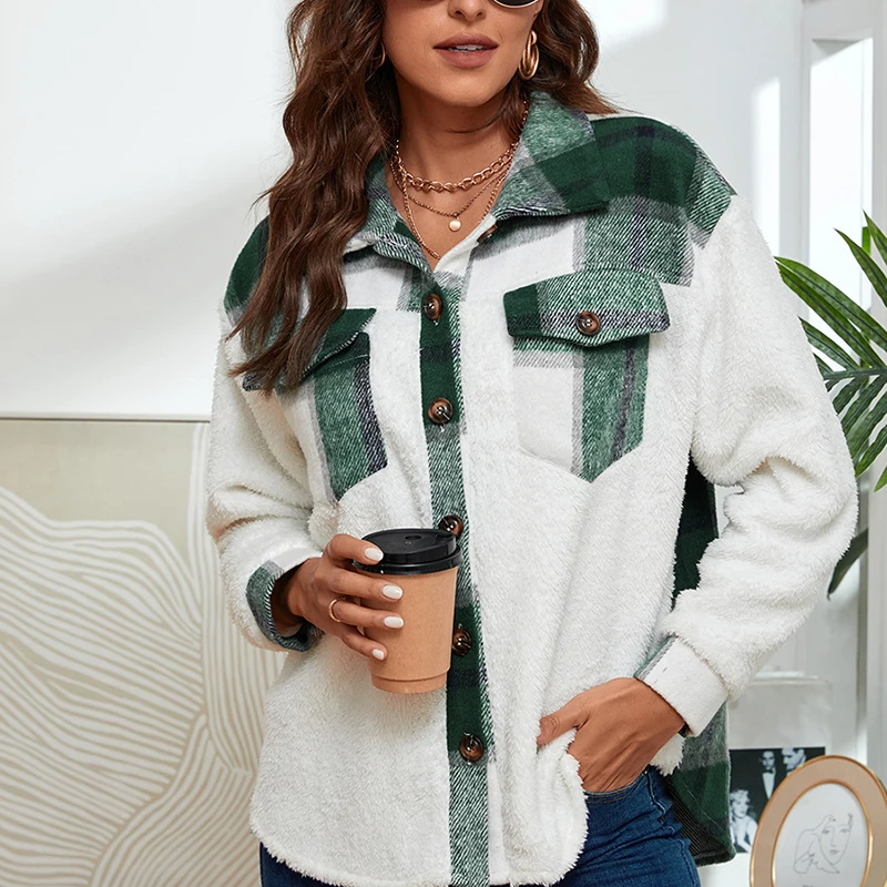 

Женская свободная клетчатая плюшевая куртка, повседневная куртка большого размера с длинным рукавом и карманами на пуговицах, модель SJ8717V н...