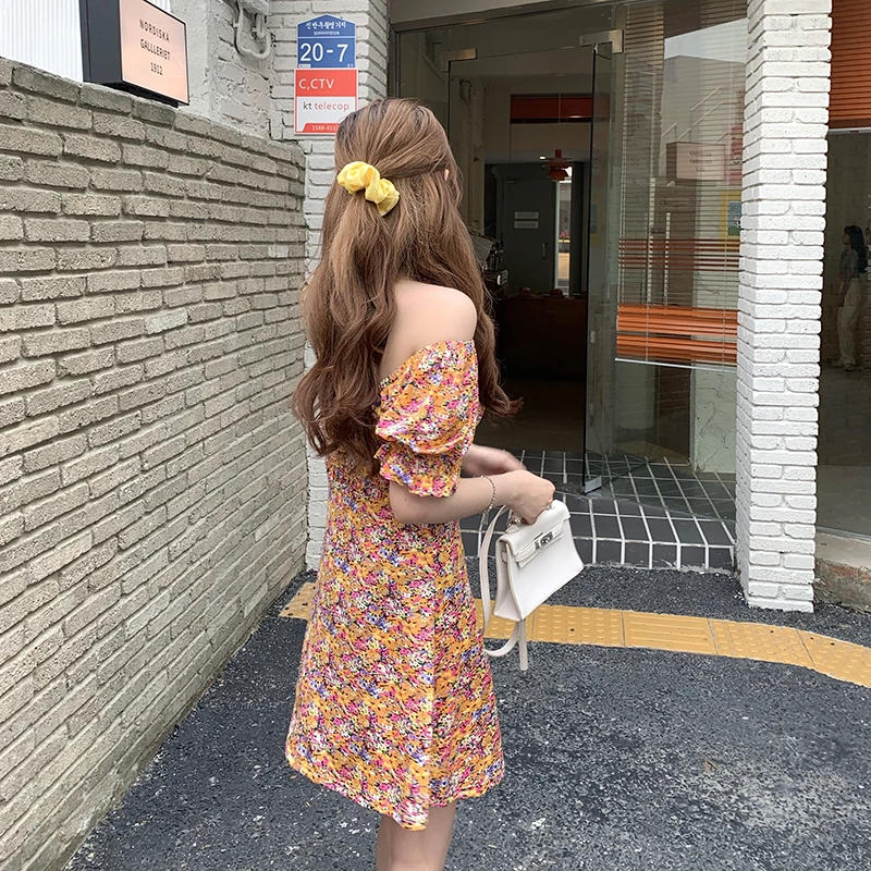 

2021Summer Flowers Mini Dresses Women Puff Sleeve Korean Style Chic Trendy Leisure Slim Temperament Maiden Ruffles Dress 8031