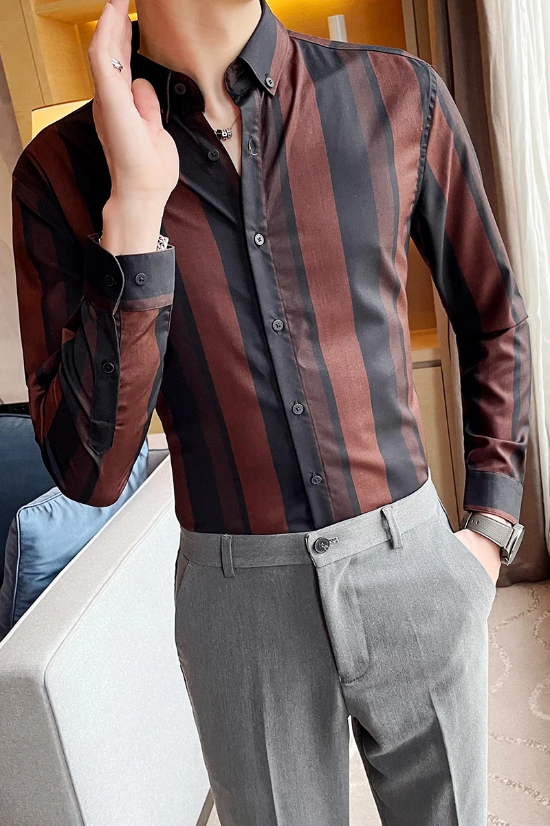 

Black/Red Luxury Long Sleeve Wide Stripes Shirts for Men Clothing 2021 Simple Slim Fit Casual Tuxedo Dress Formal Wear 3XL-M Hot