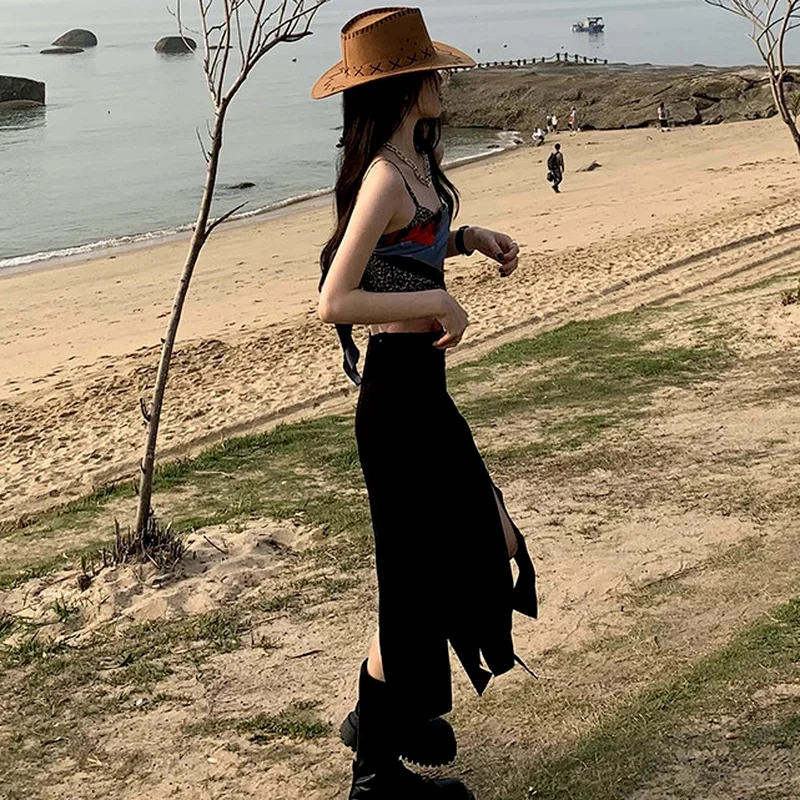 

Skirts Women Summer Tassel Empire Streetwear Japanese Black Casual Split A-line Fashion All-match Faldas College Female Design