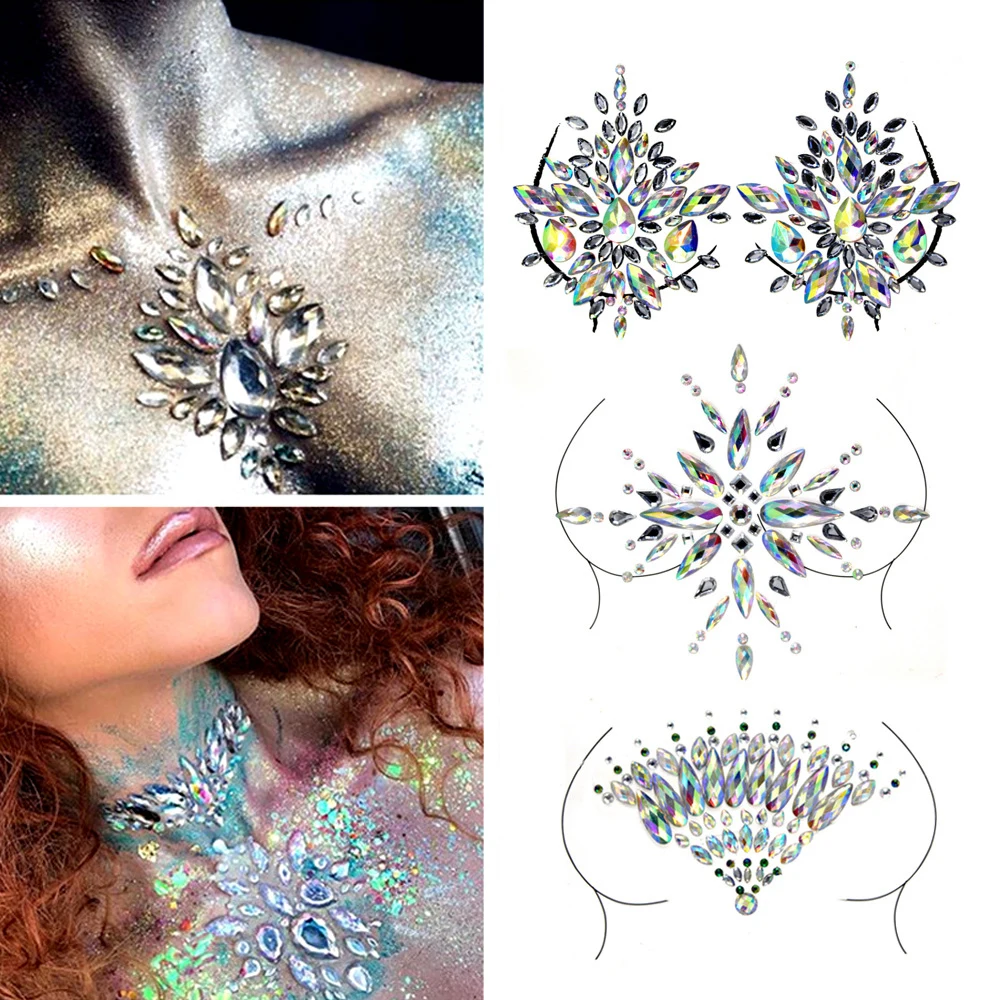 

3D Temporary Women's Tattoos Body Jewelry Stickers Chest Jewels Crystal Tattoo Sticker Body Decoration For Party Rave Festival