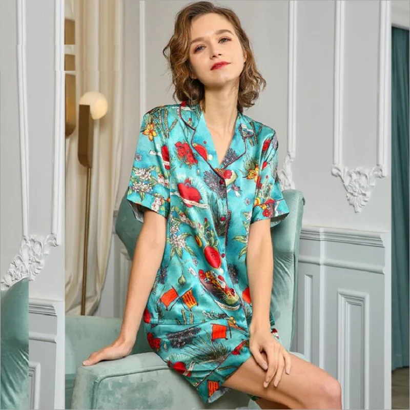 Woman 100% SilK Stain Pajamas Sets Short Sleeve Shirts and shorts Set Summer Homewear Sleepwears Sets 2020 Sleep Pyjama Sets