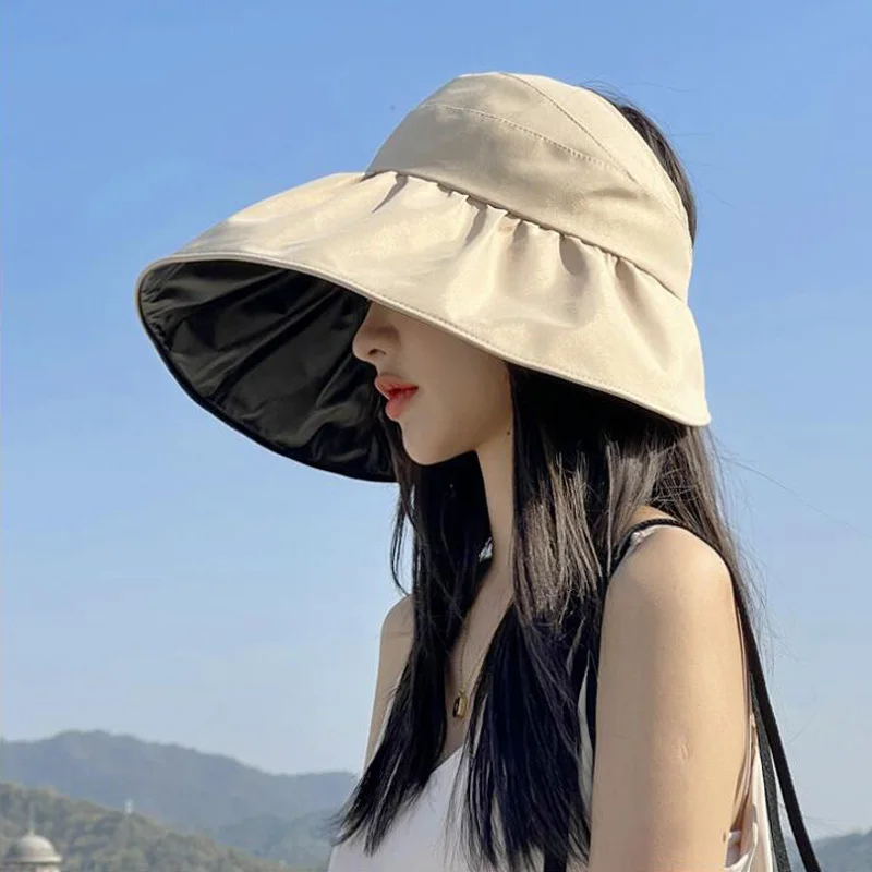 YOYOCORN New summer sun hat with pearl adjustable big heads wide-brimmed beach hat UV protection packable sun visor hat with