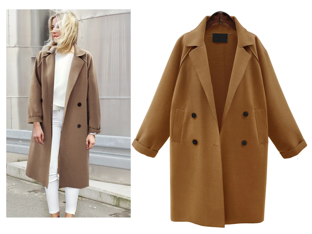 Новое модное женское Шерстяное Пальто осень-зима Европейский стиль большой размер длинное однотонное пальто Женская ветровка шерстяное пальто