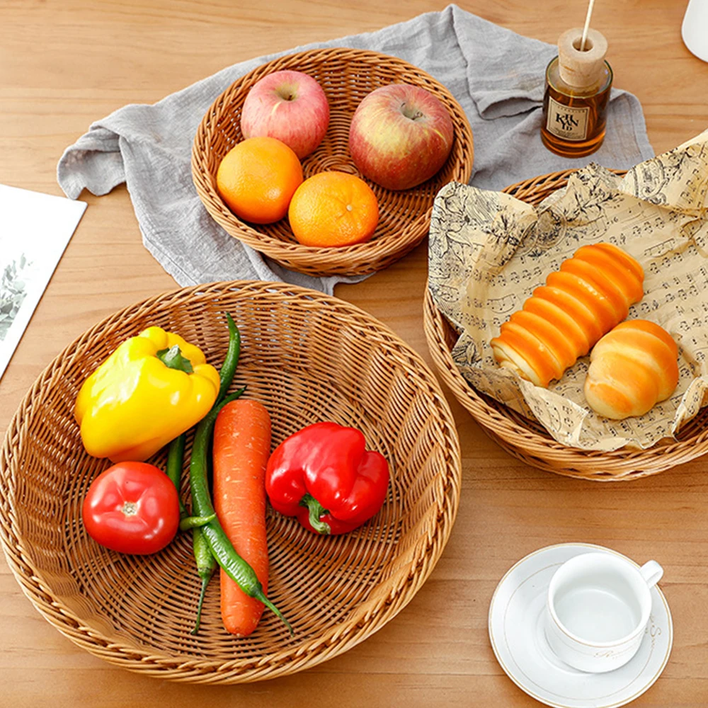 

Круглая плетеная корзина из ротанга, Сервировочные корзины, для хлеба, фруктов, овощей, закусок, органический кухонный органайзер, демонстр...
