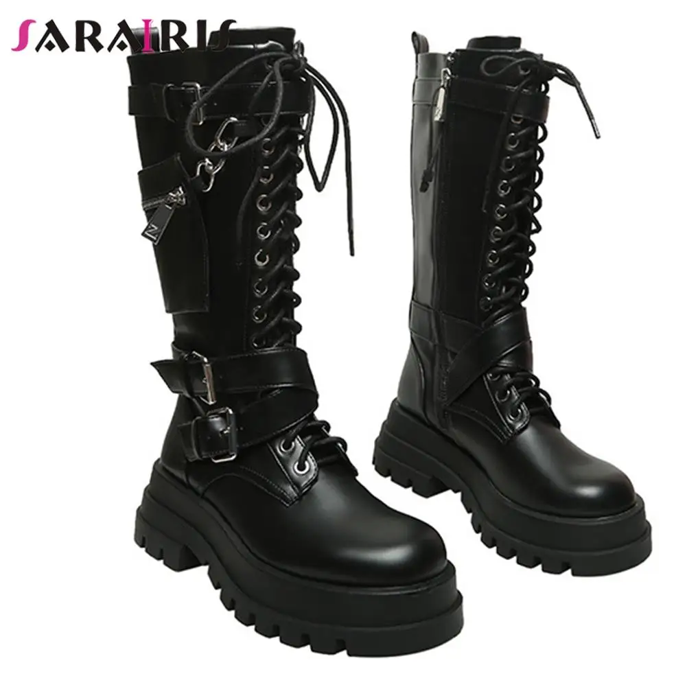 

SaraIris On Sale New Female Boots Black Lace Up Zipper Buckle Round Toe Platform Boots Cool Fashion Punk Goth Women Shoes