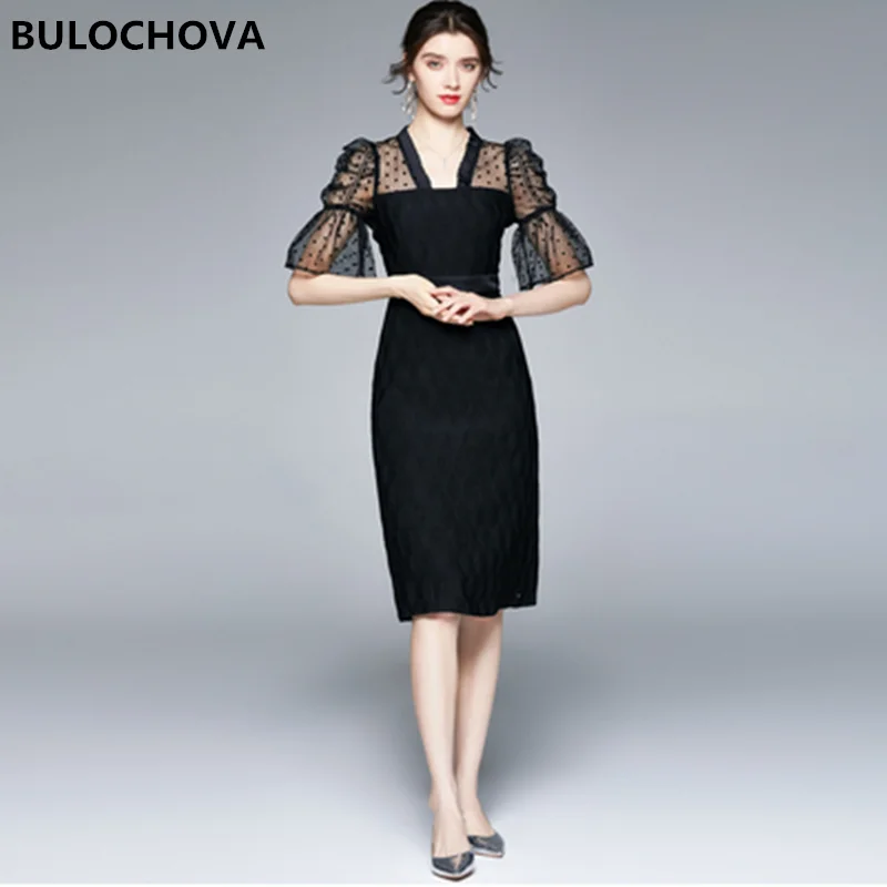 

Женское Сетчатое платье в стиле ретро, черное лоскутное платье до колена с V-образным вырезом и Расклешенным рукавом, модельное праздвечерн...