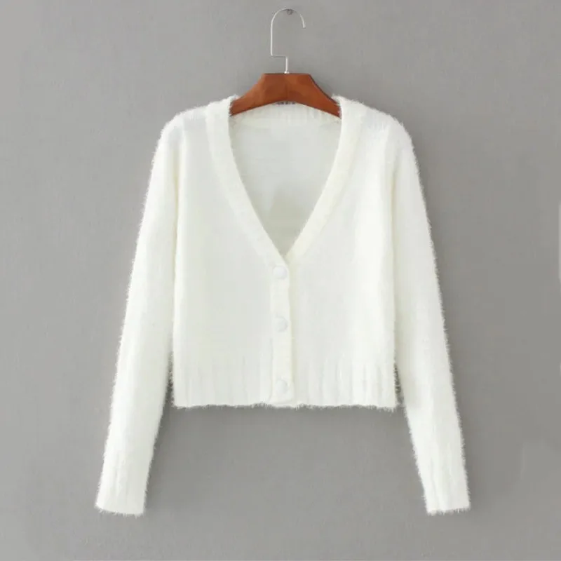 Женский вязаный Укороченный кардиган белый пушистый Кардиган с длинным рукавом