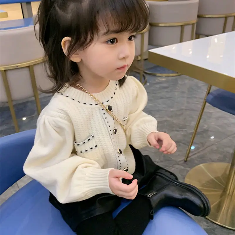 

Girls Sweater Baby's Coat Outwear 2021 Apricot Thicken Warm Winter Autumn Knitting Scoop Jacket Long Sleeve Children's Clothing