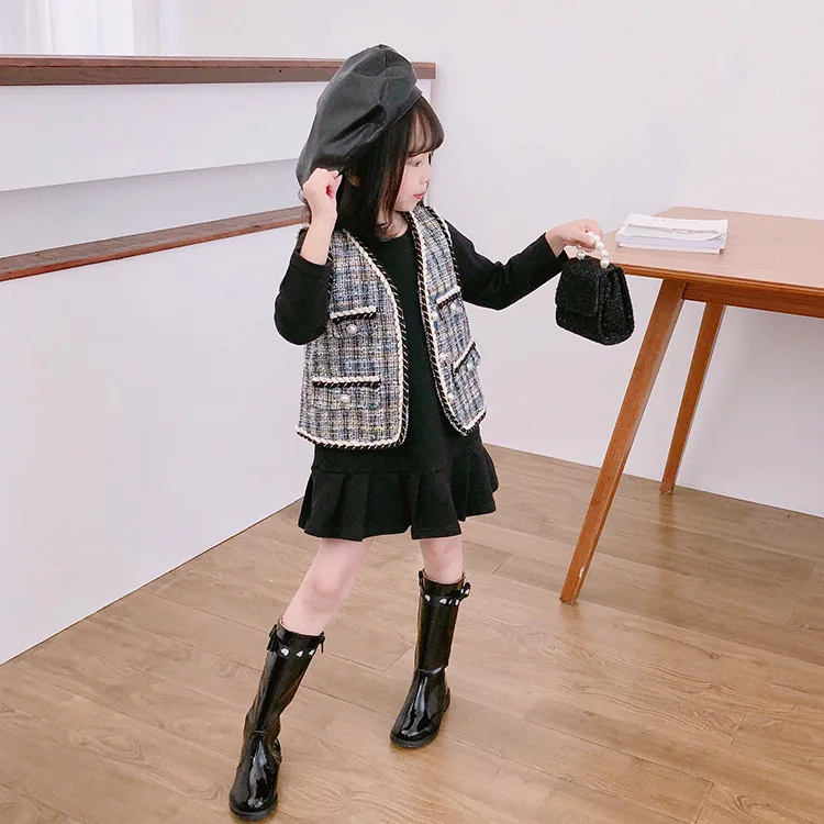 Осенне-зимний комплект одежды для маленьких девочек хлопковое черное платье с