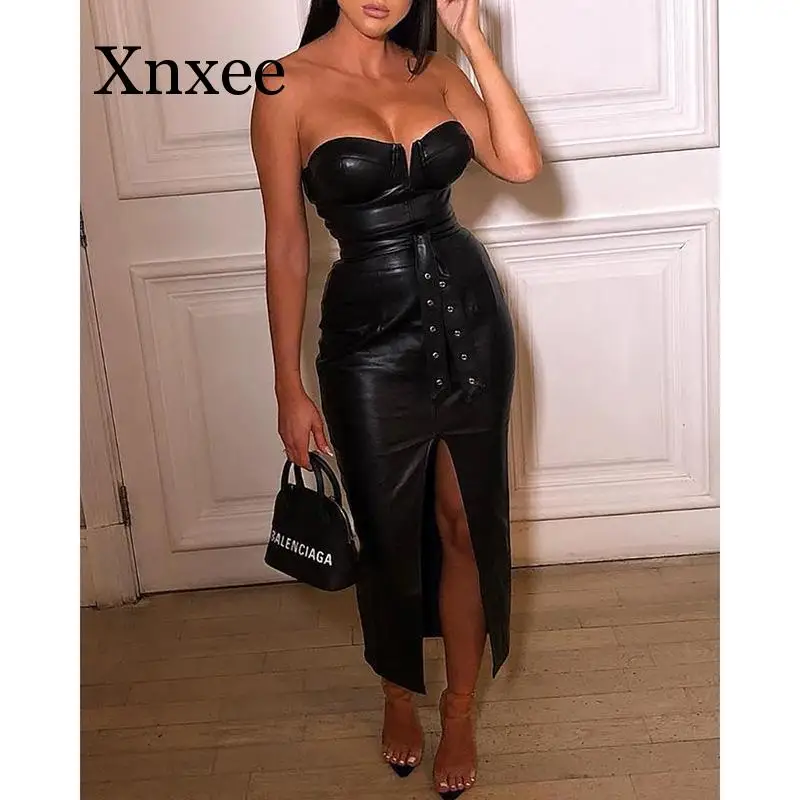 

Backless pu leather dress Women high split black tight party dress Sexy night club wear low cut bodycon dresses belted vestidos