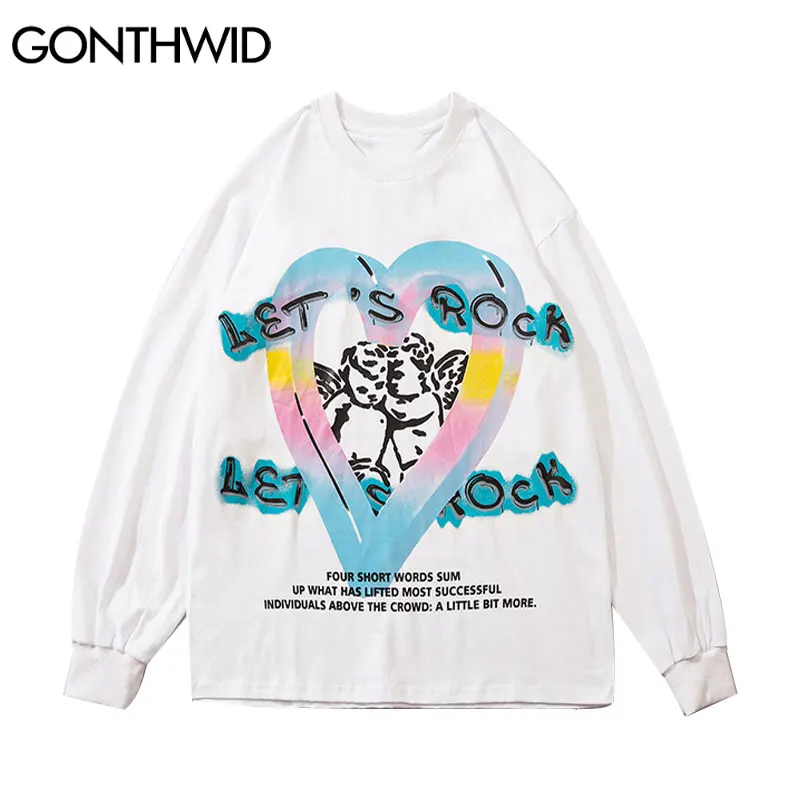 

GONTHWID Tees Shirts Graffiti Angels Heart Print Long Sleeve Tshirts Hip Hop Streetwear Harajuku Cotton Fashion T-Shirt Tops