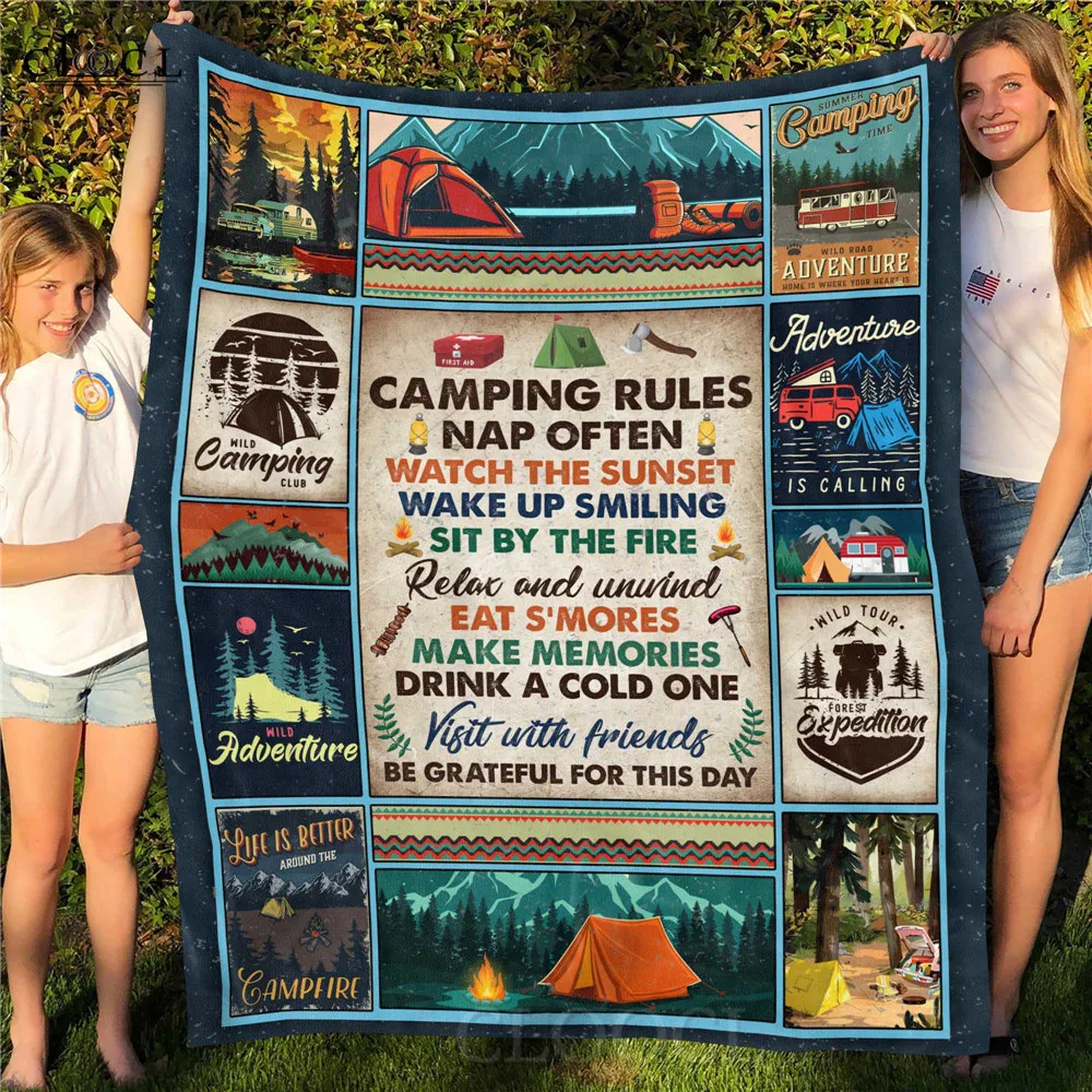 

CLOOCL Camper Flannel Blankets 3D Graphic Camping Rules Nap Often Watch The Sunset Wake up Smiling Keep Warm Plush Quilts