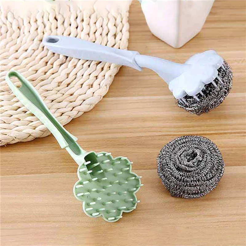

Long Handle Stainless Steel Wire Ball Brush Kitchen Hanging Cleaning Brush Pan Kitchen Dish Handle Washing Tool