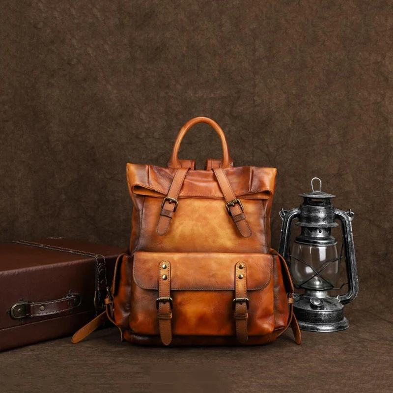 Мужской винтажный рюкзак из воловьей кожи дорожный ручной работы натуральной с