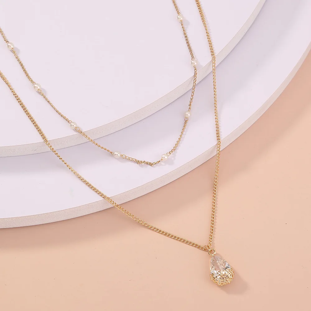 

Light luxury Jewelry on the neck water drop zircon pendant necklaces for women double layered pearl clavicle chain necklace