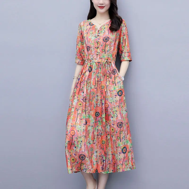 

Women's Spring Summer Style Women's Dress V-Neck Thin section Cotton linen Bohemia Elegant Temperament Ladies Dress SS3156