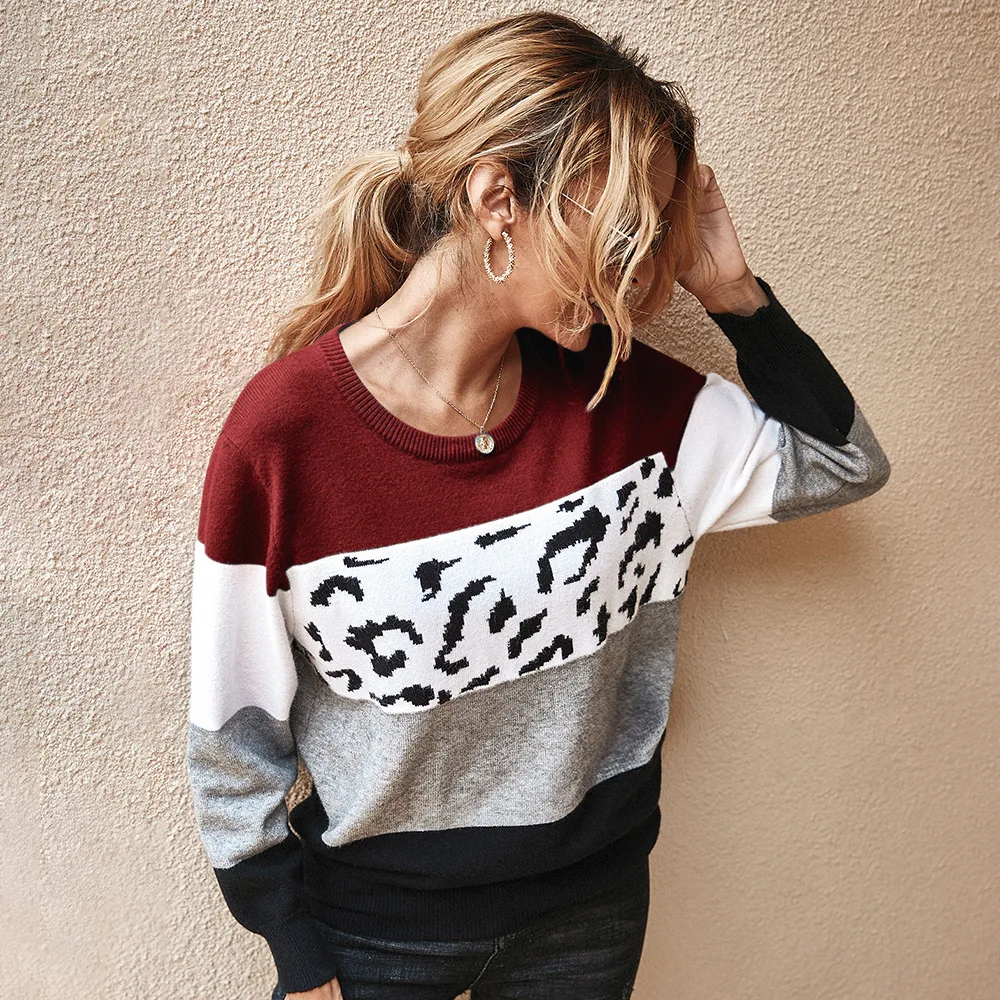

Autumn Winter Knitted Jumpers For Women Long-Sleeve Pullover Sweater Leopard Patchwork Striped Tops Sweaters Fashion Pull 2021