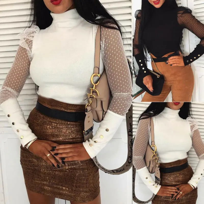 

2021 для женщин; Сезон весна-осень; Свитер сетчатые Прозрачные топы пышное платье в горошек с длинными рукавами для девочек, вязаные свитера б...