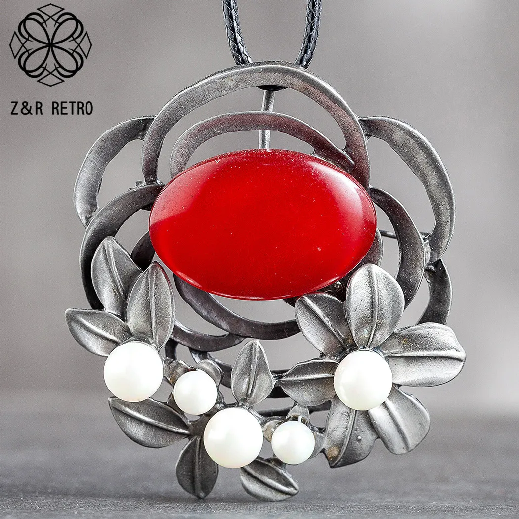 Ювелирные изделия Бусины из красной смолы Цветочные подвески Длинное ожерелье