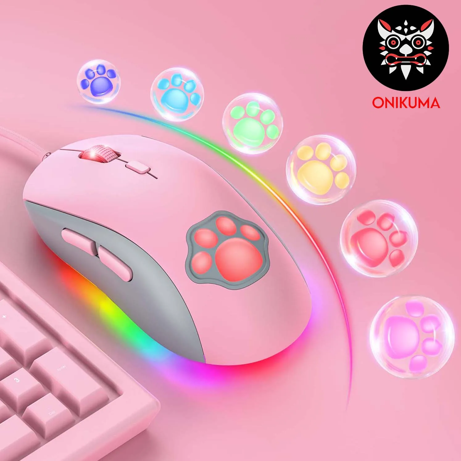 

Компьютерная мышь ONIKUMA, игровая мышь для ноутбука, ПК, RGB, светящаяся розовая кошачья лапа, Офисная Бесшумная мышь для геймеров 7200DPI USB2.0