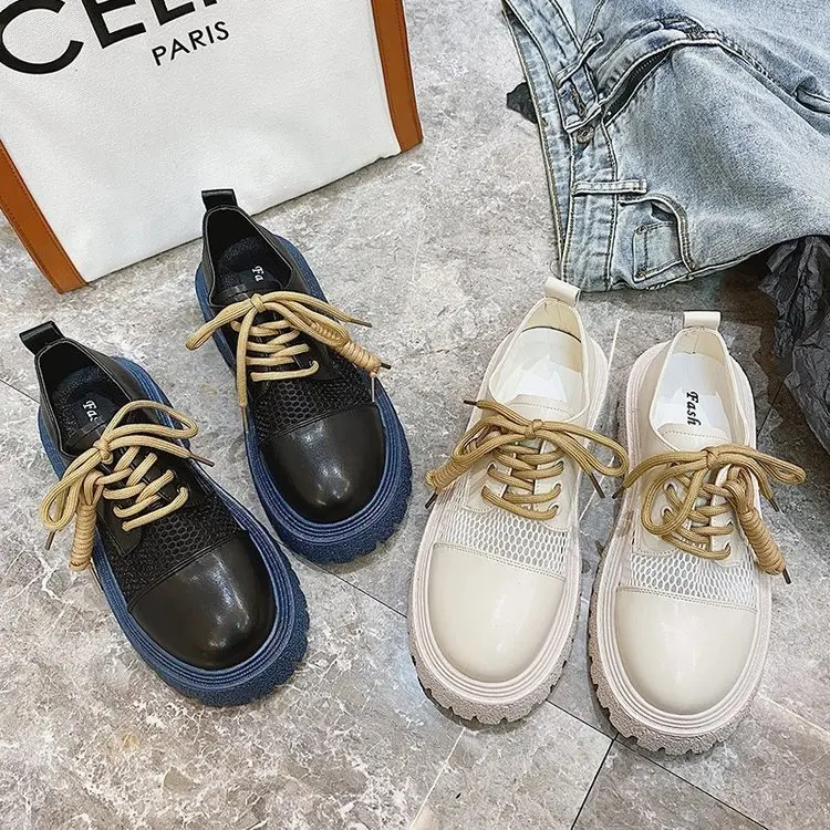 

Nice Women Platform Leather Shoes Spring Bold Lace-Up Casual Round Toe Shallow Fashion All-match Female Soft Shoes