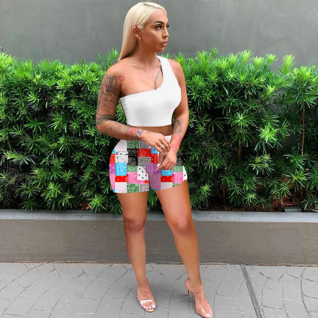

NOXNEX Women's Suit Fashion Patchwork Print Shorts Solid Color One-Shoulder T-Shirt Casual Sports 2 Piece Sleeveless Suits Print