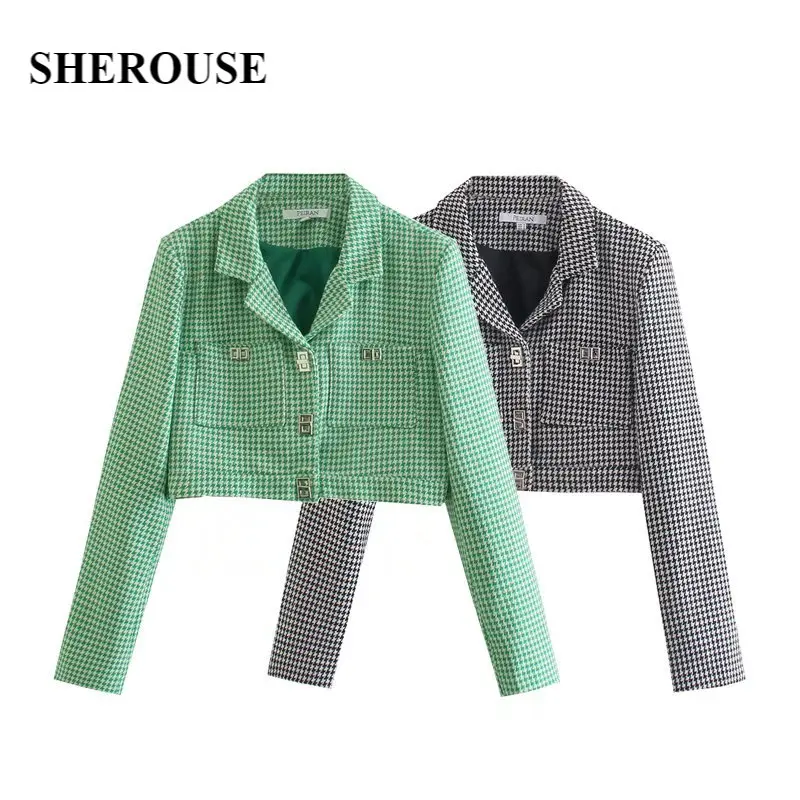 

Женский однобортный пиджак в клетку Sherouse, винтажный укороченный пиджак с карманами и длинными рукавами
