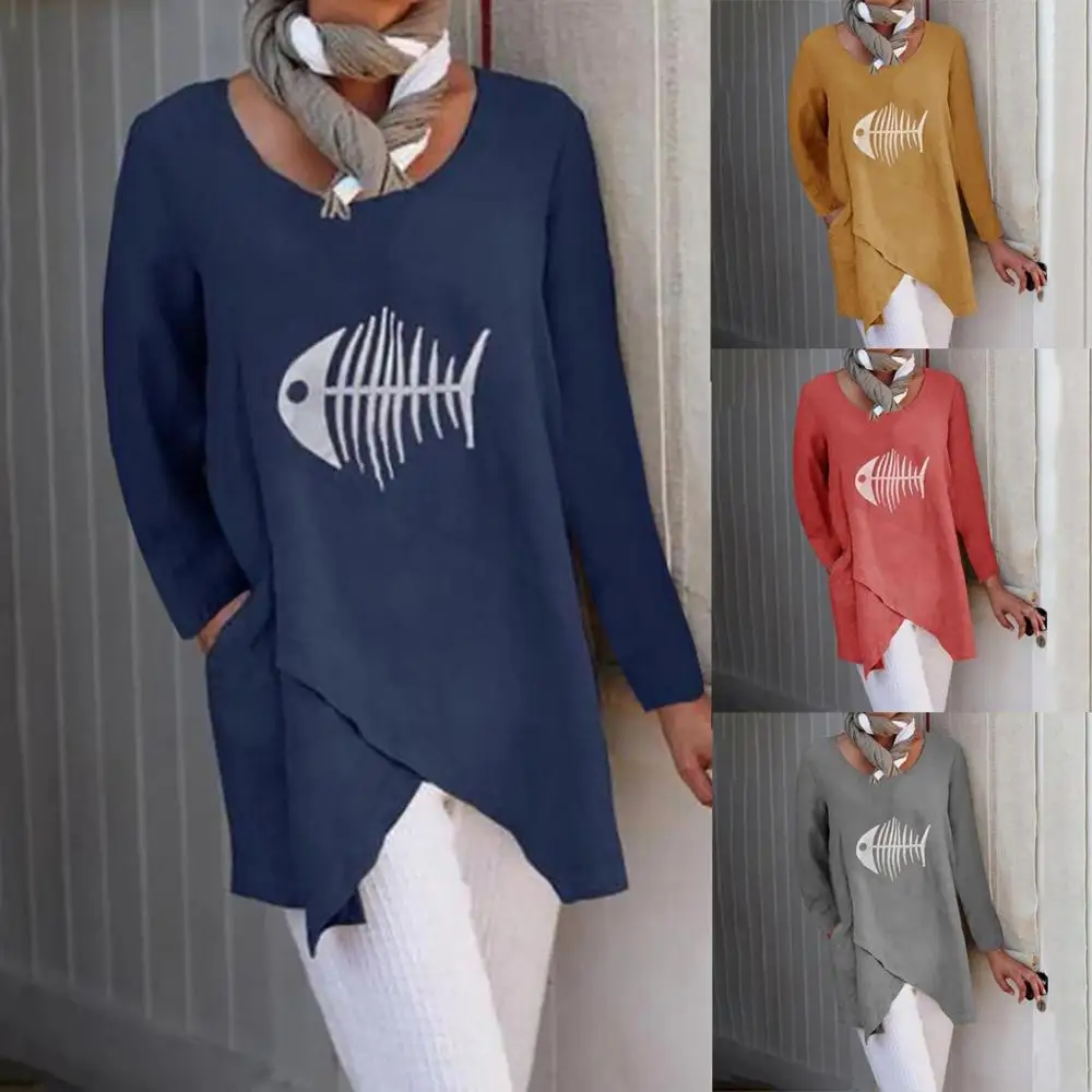 

Autumn Women Short Sleeve Tops Plus Size Cotton Linen Blouse Fish Bone Print Tops Camisetas Verano Mujer 2019 Drop shipping BB3M