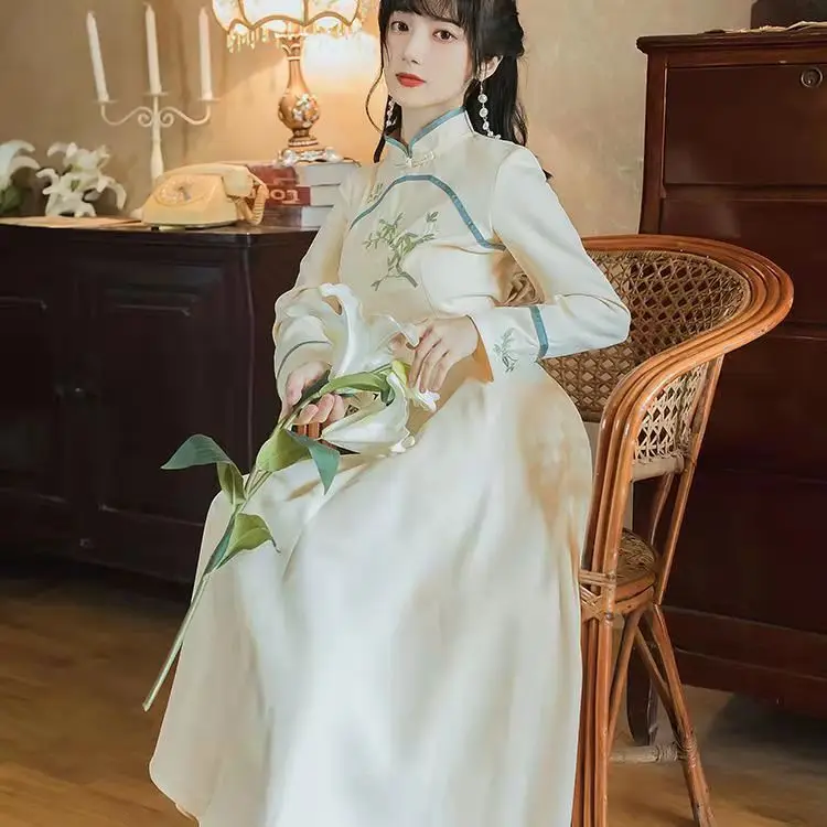 

Summer Chiffon 2021 Vintage Chinese Style Dresses Slim Womens Clothing Long Sleeve Formal Dress Women Elegant Cheongsam Qipao