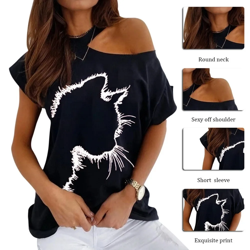 

Large size Top Sexy Off Shoulder summer Tshirt Women Print Casual Summer Short Sleeve O-neck Pullovers Tops Fashion Street Tee