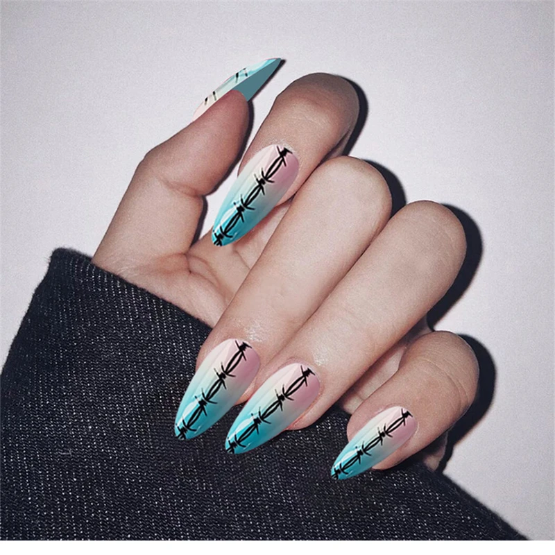 Длинные заостренные накладные ногти 24 шт./кор. розовые синие геометрические с