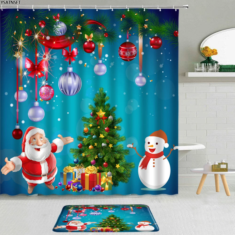 

2Pcs Merry Christmas Trees Theme Shower Curtain Santa Claus Snowman Colored Ball Fireplace Bathroom Non-Slip Bath Mat Decor Set