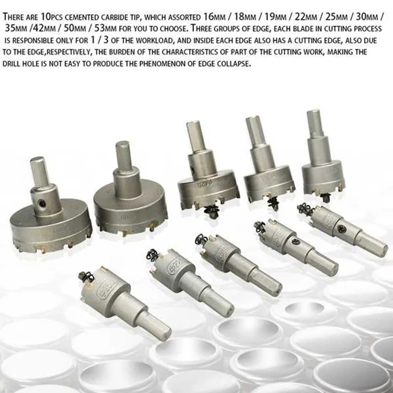 

Alloy Stainless Steel Hole Saw Set 10-Piece Set of High-Speed Steel Hole Drill Bits(16/18/19/22/25/30/35/42/50/53)mm