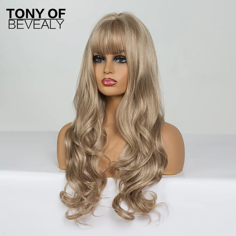 Длинные волнистые светло коричневые синтетические парики с челкой для женщин