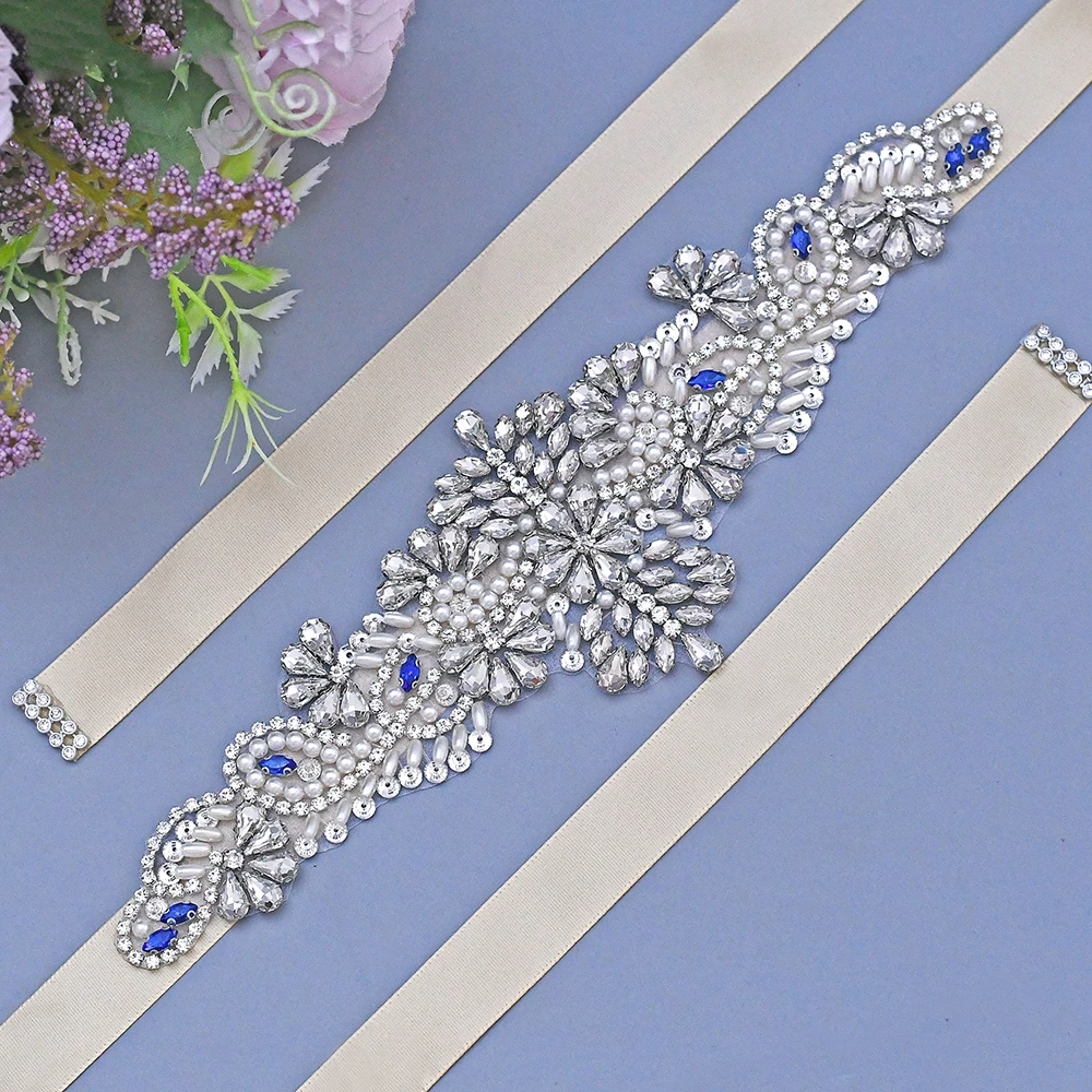 S487 Ручной работы синий Стразы пояс для невесты роскошные свадебные аксессуары