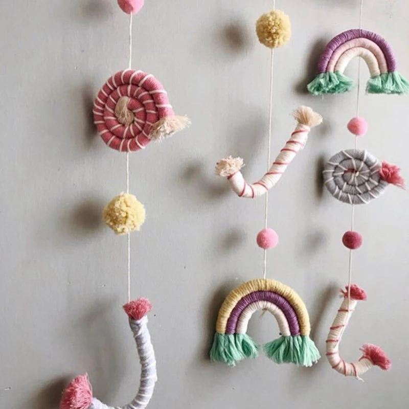 

Baby Kids Room Wind Chimes Ornament Wall Decoration Photography Props Nordic Knitted Rainbow Wool Ball Wood Wall Hanging