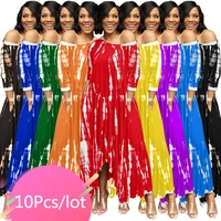 bulk items wholesale lots tie dye print maxi dress short sleeve pocket design casual summer oversized beach long dress 2021