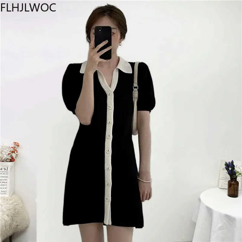 

Loose Lazy Feminine Vestidos Fashion Women Short Sleeve Single Breasted Button Knitted Sweater Shirt Dress