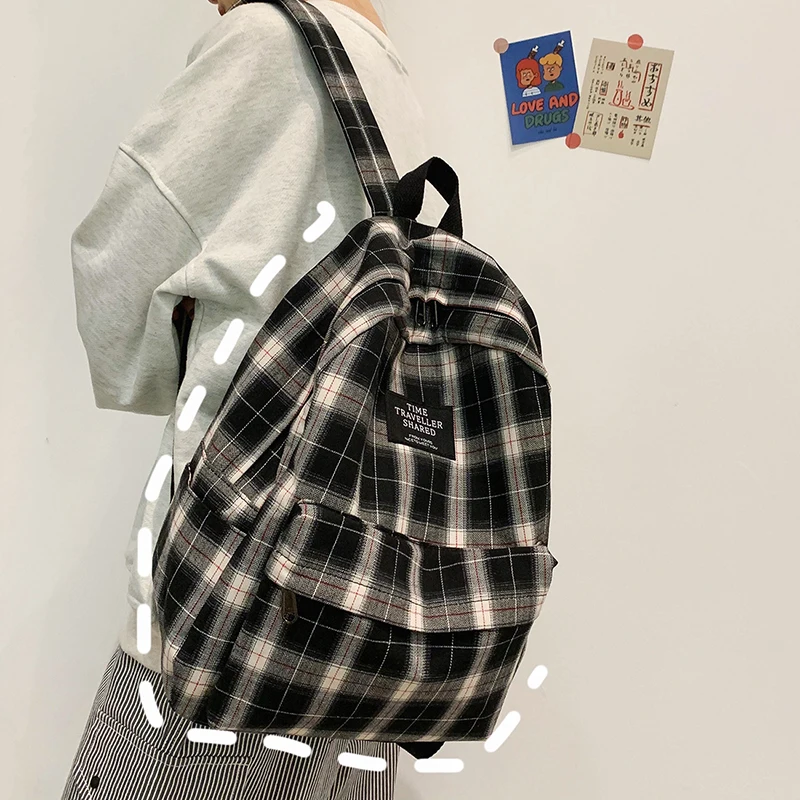 

Students Backpack Women's Plaid Pattern School Bag Canvas Softback Campus Style Rucksack Travel Bagpack Female Backpacks Ladies