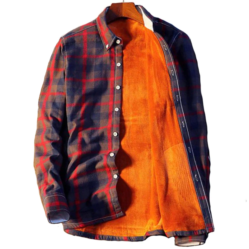 

Fleece Shirts Autumn Winter Plus Velvet Plaid Shirts Men Casual Flannel Slim Fit Street Cotton Shirt Size 5XL