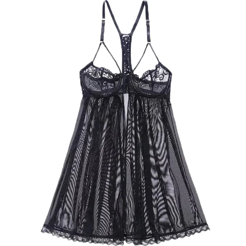 Сексуальная женская летняя ночная рубашка одежда для сна кружевная черная